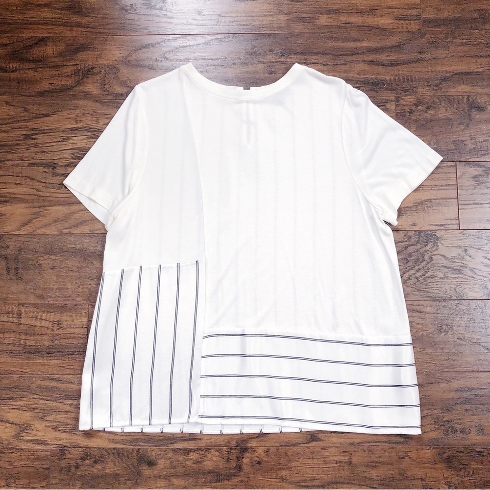 St John • alternating stripes contrast tee top popover cream black patchwork
